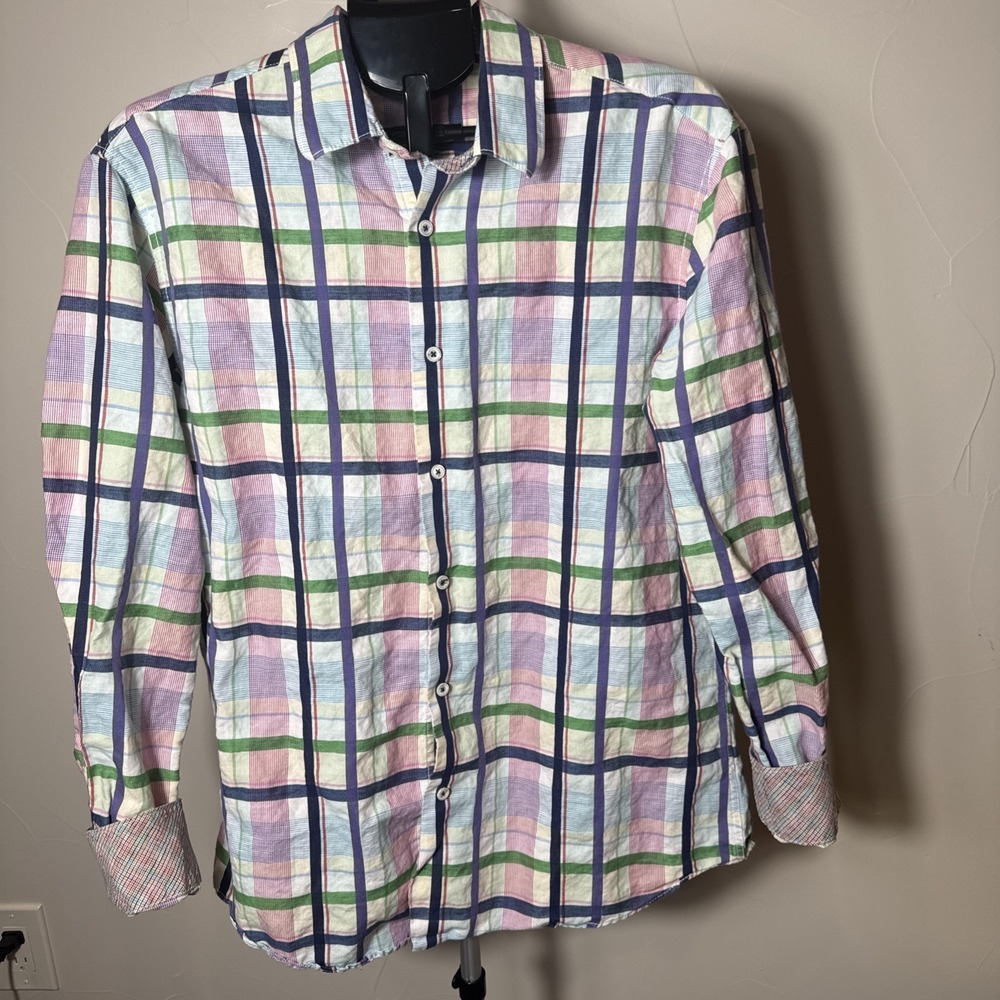 BUGATCHI - Pastel Colorful Flip Cuff Plaid Mens Lg. Shaped Fit Shirt - EXCELLENT